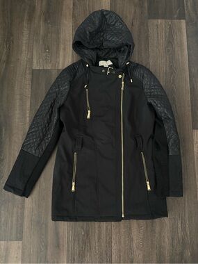 MICHAEL Michael Kors Black Hooded Trench Coat with Gold Zippers